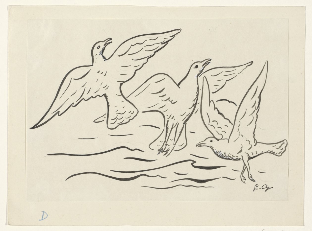 Trois oiseaux dans les airs au-dessus de la mer - Leo Gestel (signed by artist)