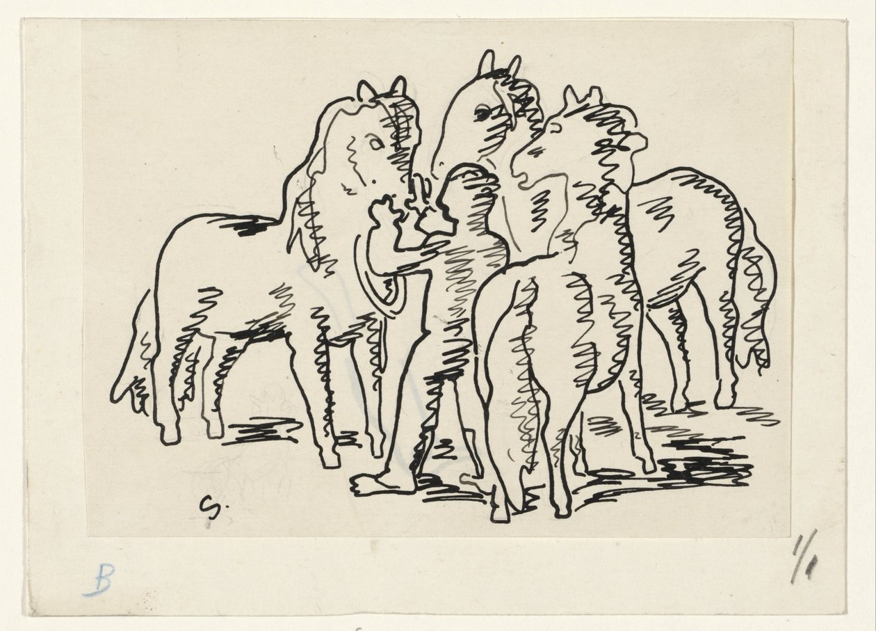 Homme avec trois chevaux - Leo Gestel (signed by artist)
