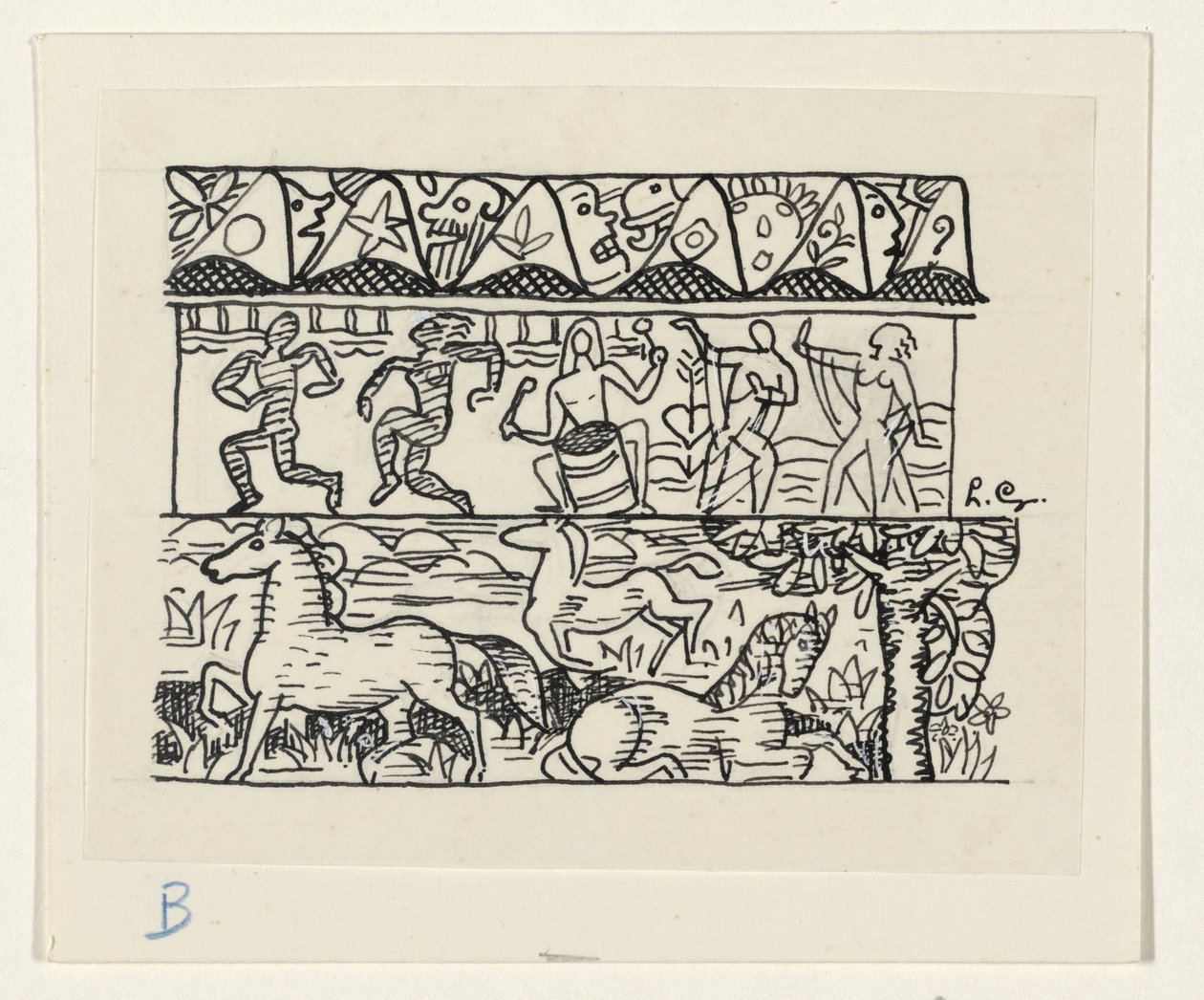Chevaux, gens dansant et masques - Leo Gestel (signed by artist)