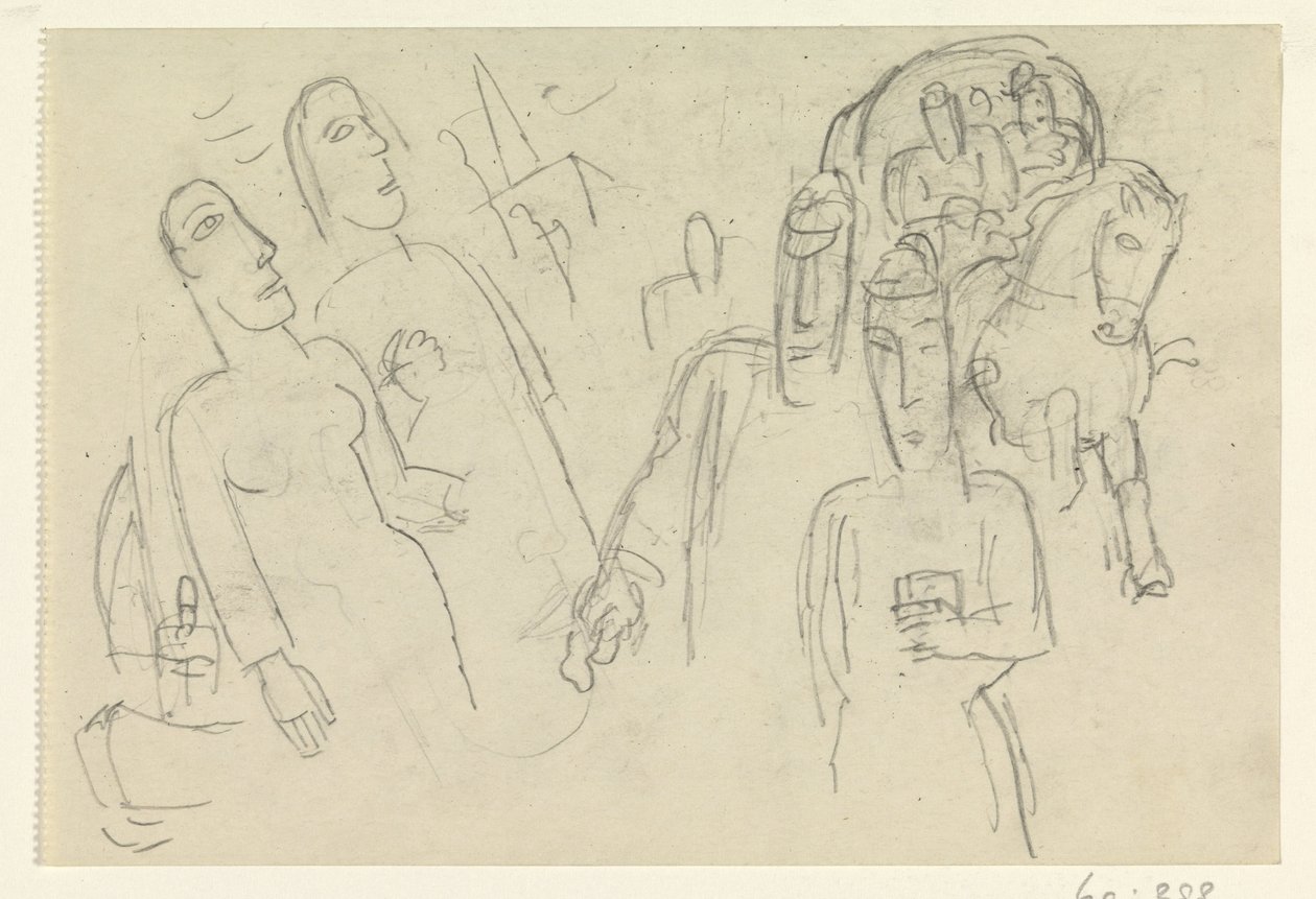 Gens dans la rue et un cheval avec une charrette - Leo Gestel