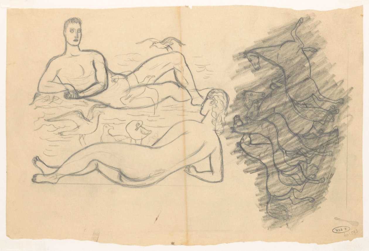 Homme et femme nus à la plage, entourés de mouettes - Leo Gestel