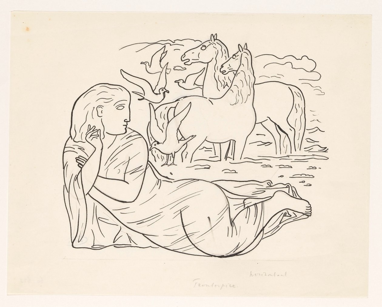 Femme allongée sur la plage avec deux chevaux et quelques mouettes - Leo Gestel