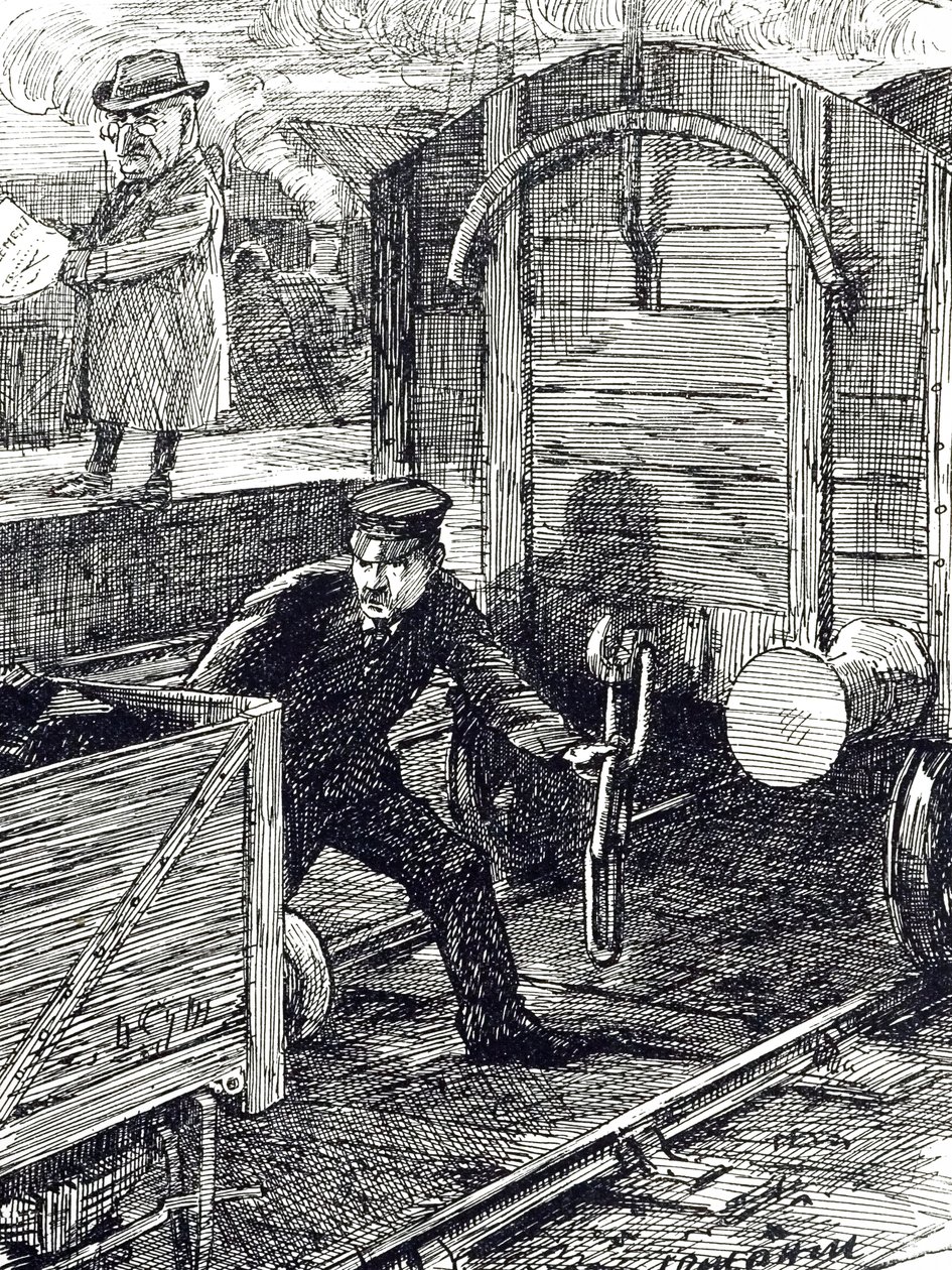 Un dessin commentant les accidents des travailleurs ferroviaires. Illustré par Leonard Raven-Hill (1867-1942) un artiste, illustrateur et caricaturiste anglais, 20e siècle - Leonard Raven Hill
