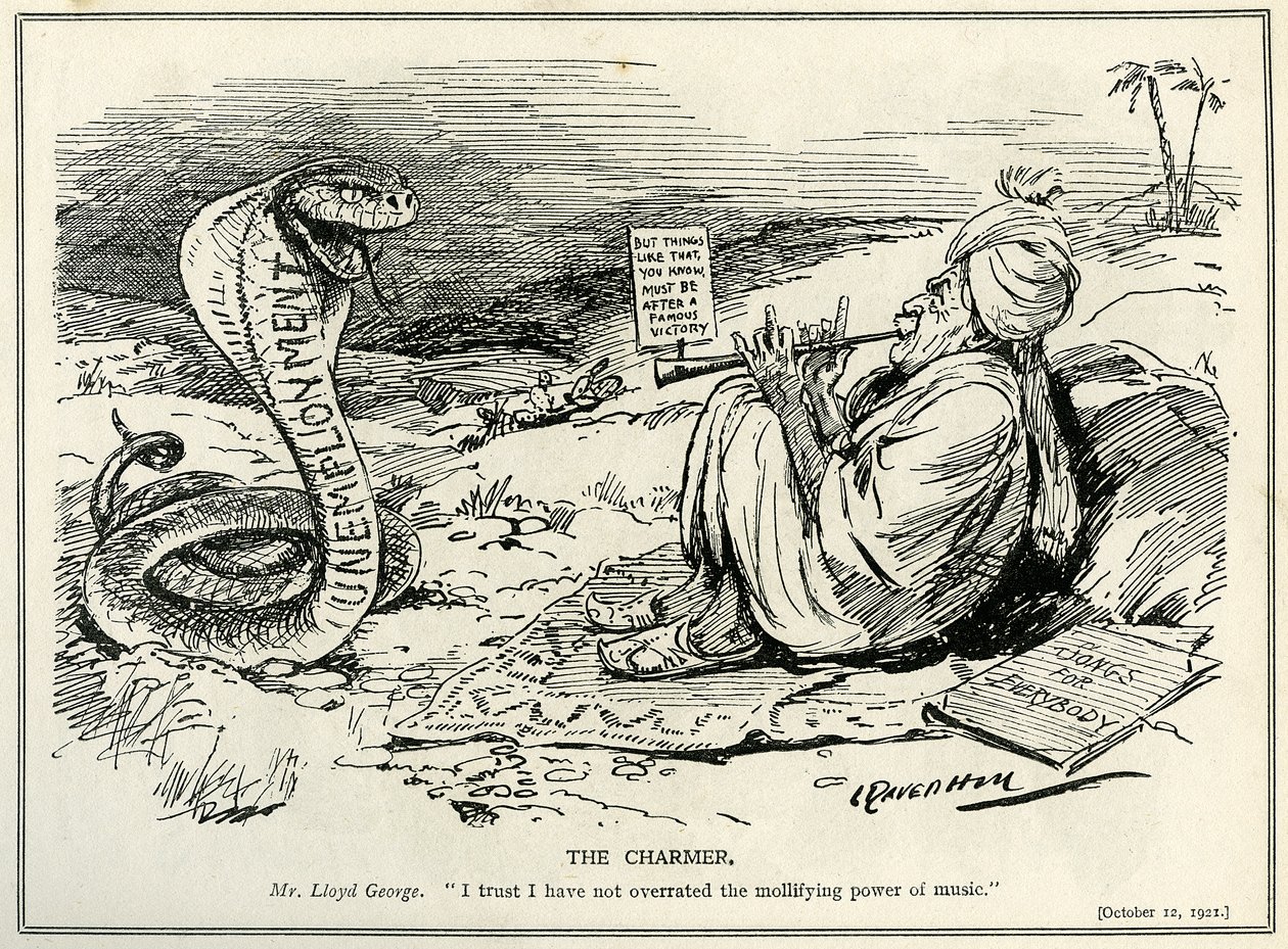 Lloyd George charmant le serpent du chômage, 1921 - Leonard Raven Hill