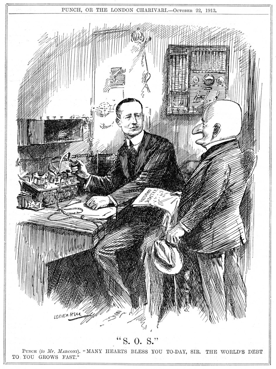M. Punch remerciant Marconi pour la télégraphie sans fil qui sauvait des vies en mer, 1913 - Leonard Raven Hill