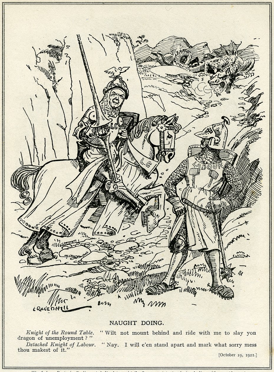 Le Parti travailliste refuse de rejoindre Lloyd George pour tuer le dragon du chômage, 1921 - Leonard Raven Hill