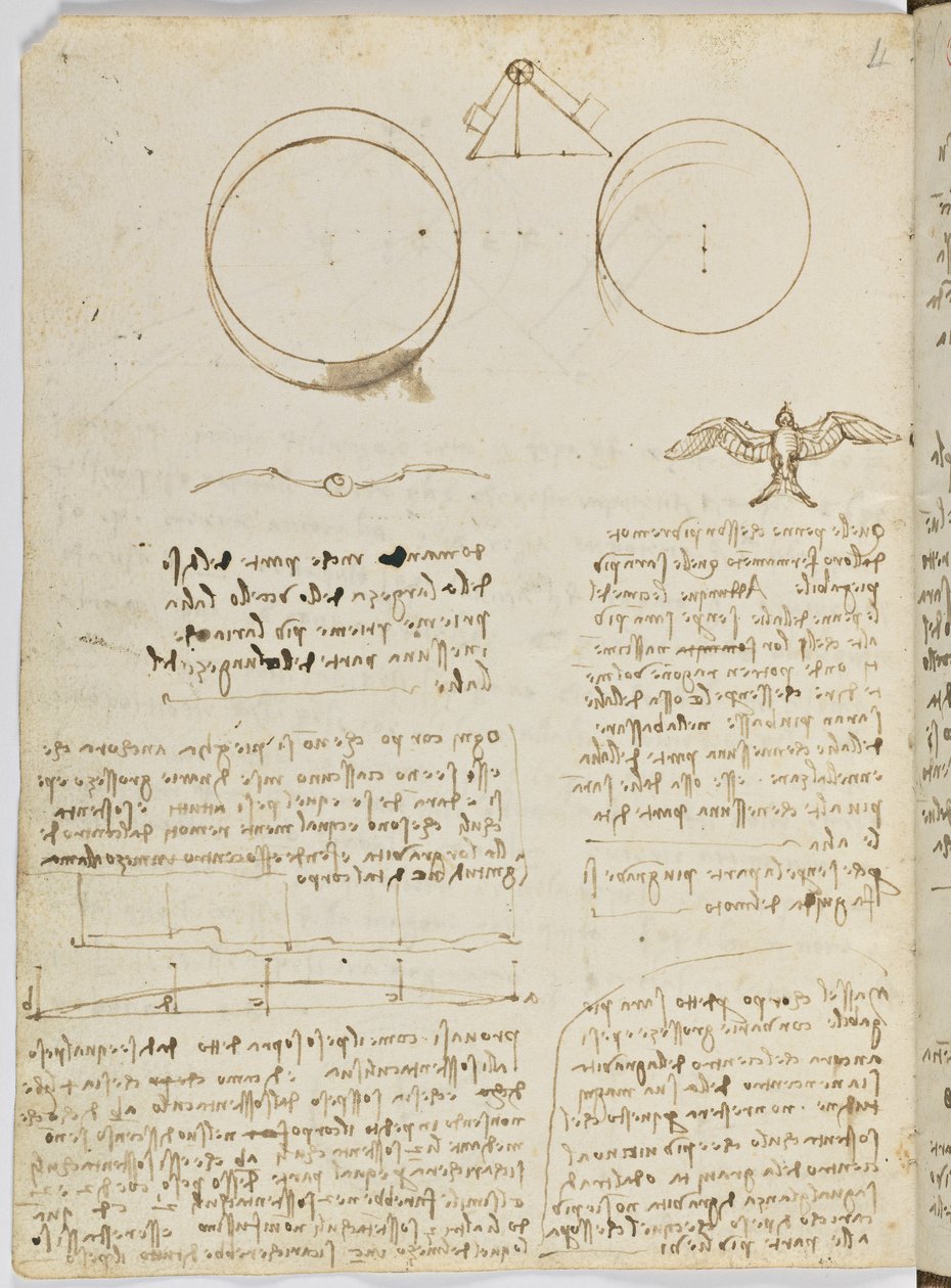 Code sur le vol des oiseaux, c. 1505-06, manuscrit sur papier, cc. 18, feuille 4 verso - Leonardo da Vinci
