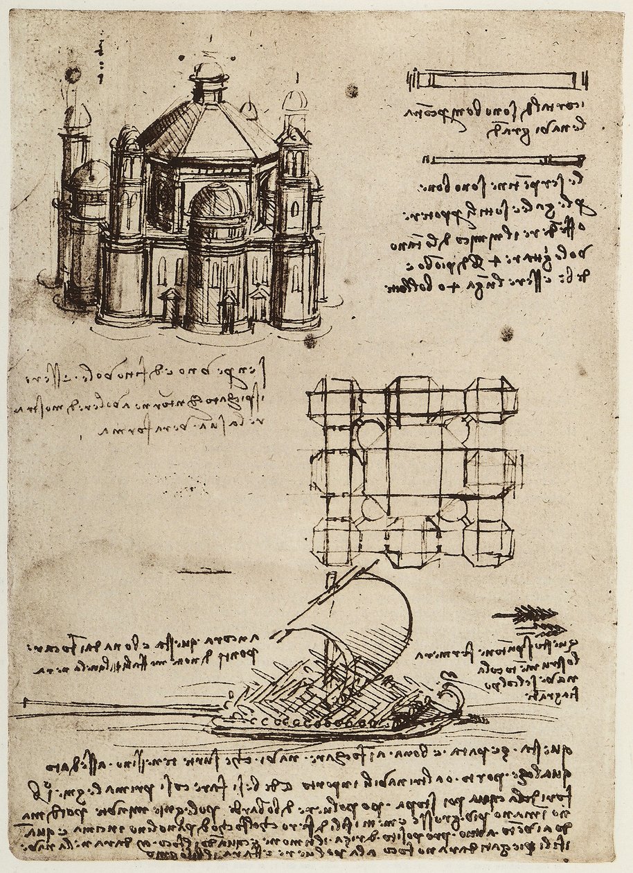 Projet pour une église et un bateau avec rames et voiles (dessin de Léonard de Vinci) - Leonardo da Vinci