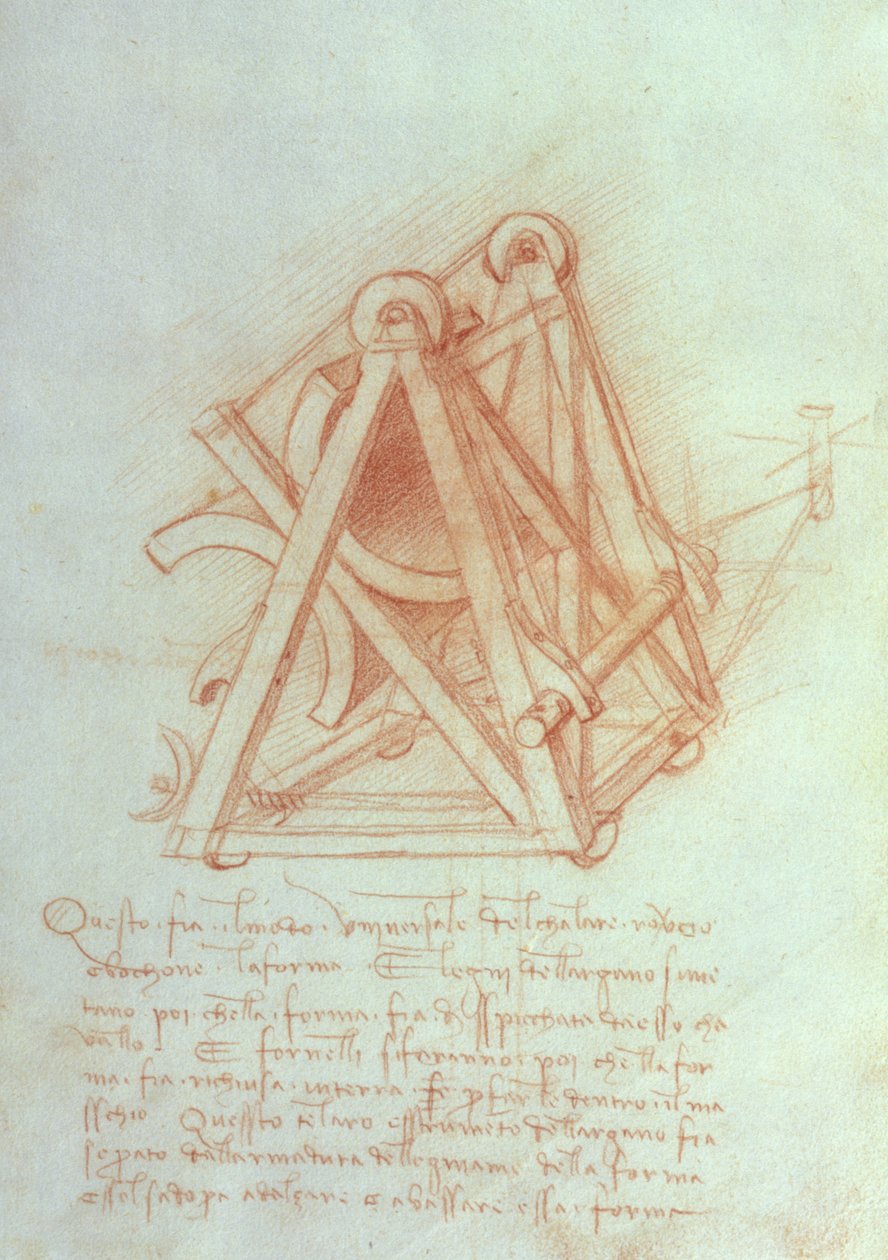 Étude de la charpente en bois avec moule de coulée pour le cheval Sforza, fol. 154v du Codex Madrid II, vers 1491-93 - Leonardo da Vinci