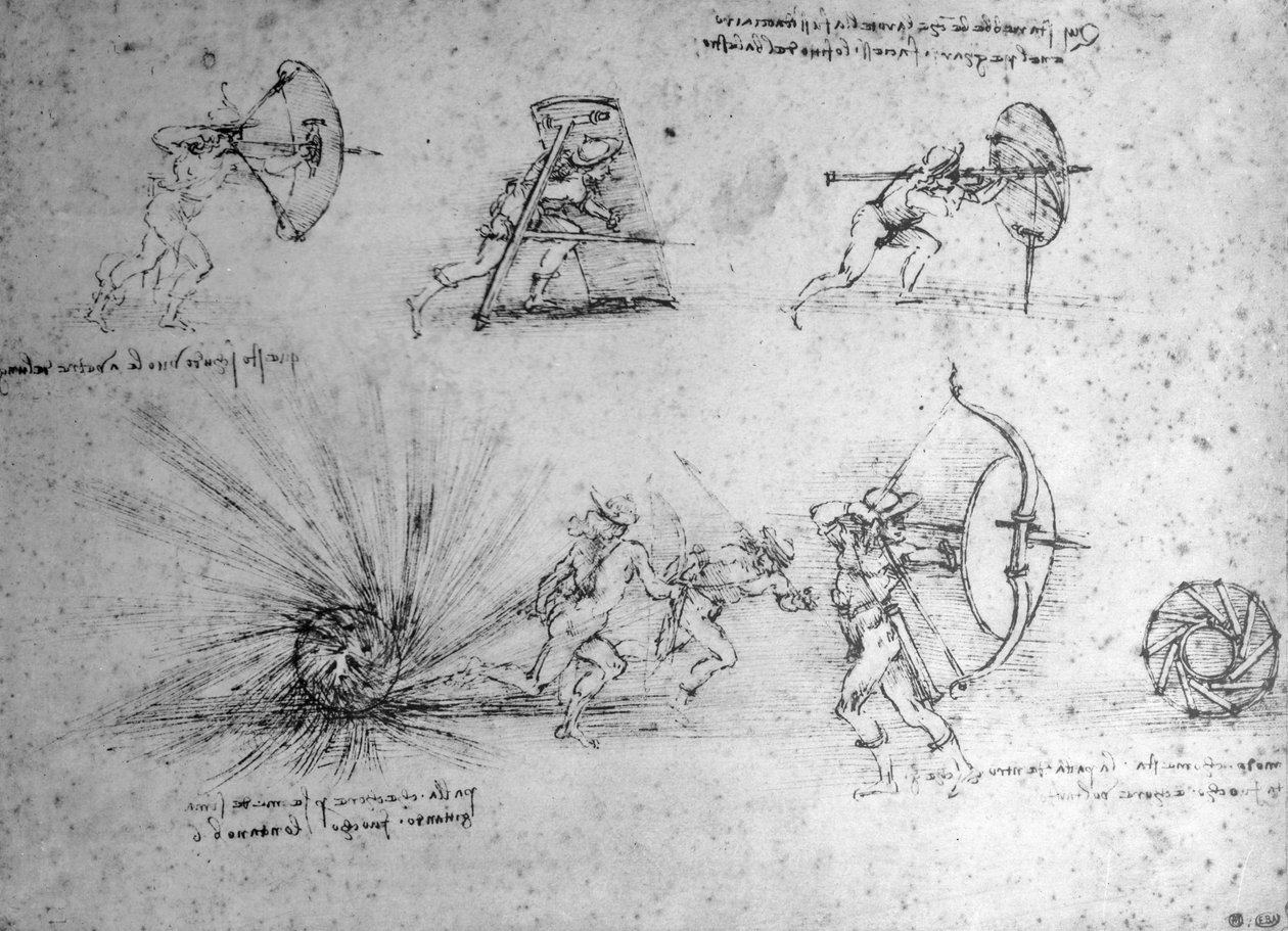 Étude avec Boucliers pour Soldats à Pied et une Bombe Explosive, c.1485-88 - Leonardo da Vinci