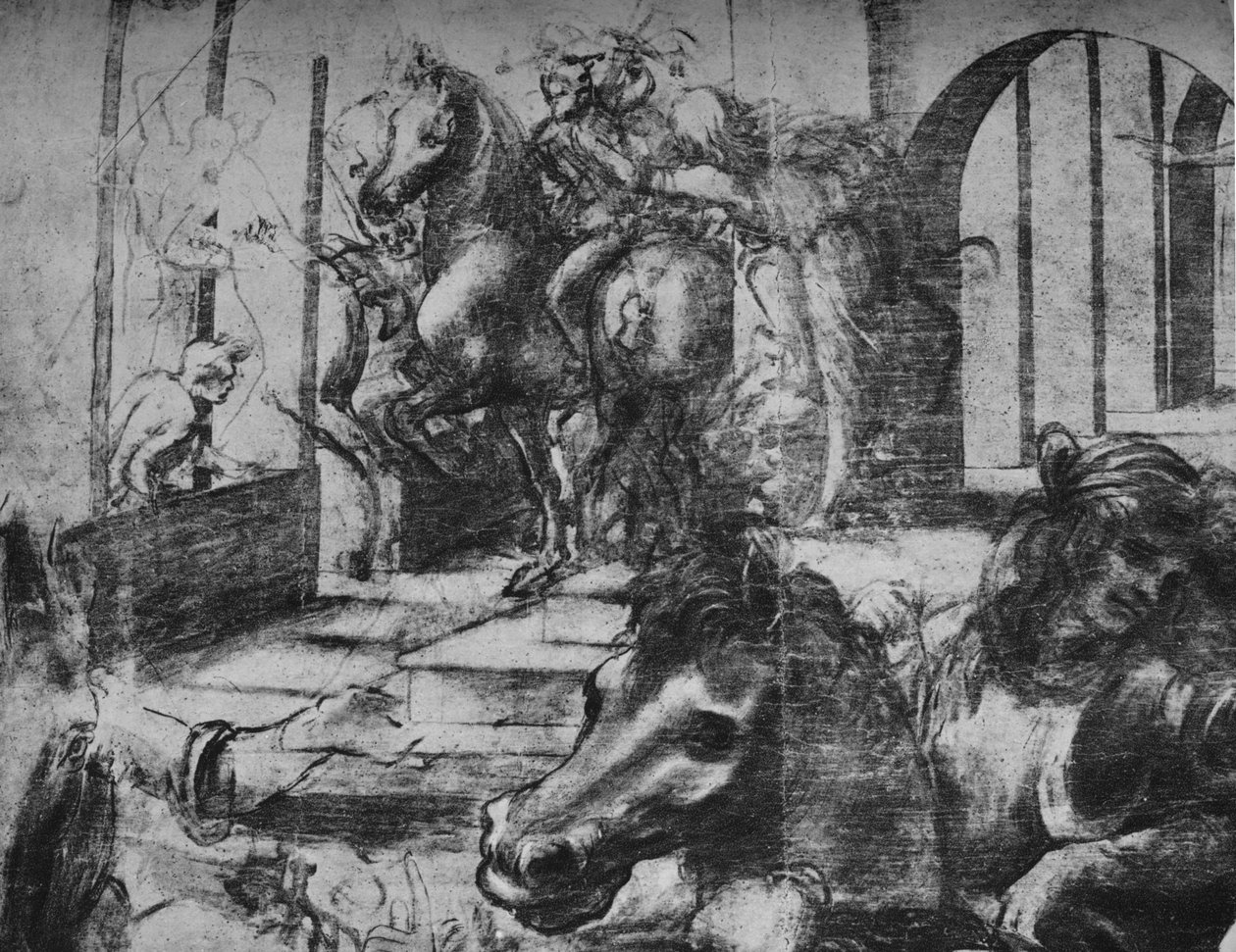 Adoration des Mages - Architecture et figures en arrière-plan à gauche, vers 1481 - Leonardo da Vinci