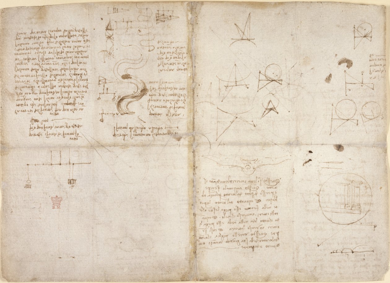 Arundel 263, f.135v, f.134, Notes et diagrammes sur la mécanique; notes et croquis schématiques sur les cours d