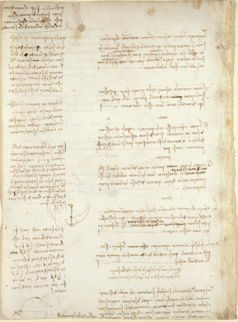Arundel 263, f.151v, Notes et croquis du 