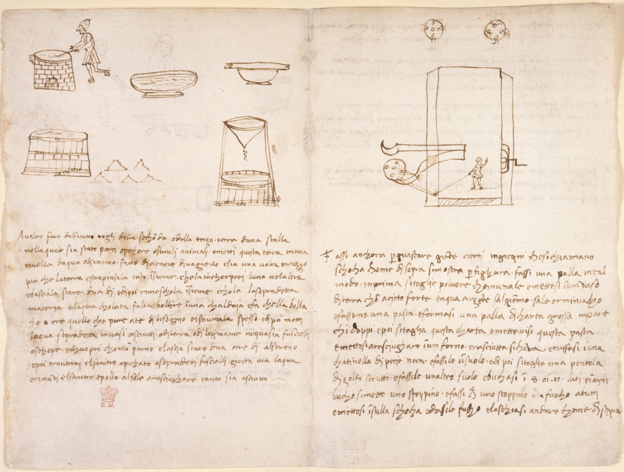 Arundel 263, f.259v, f.260 Notes et croquis grossiers sur le processus de production du salpêtre pour préparer la poudre à canon (pas de la main de Léonard) - Leonardo da Vinci