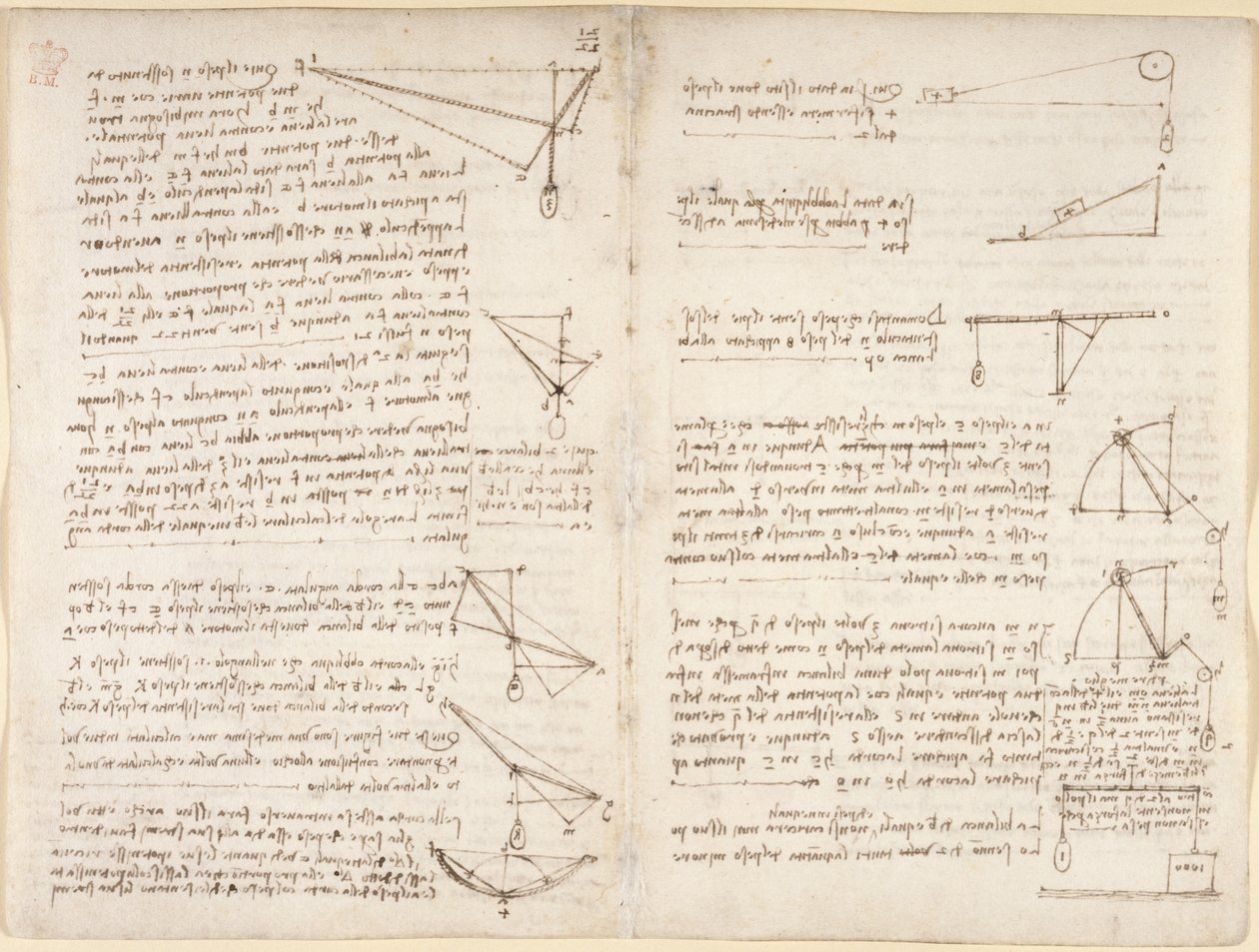 Arundel 263, f.7v, f.8 Notes et diagrammes sur la mécanique - Leonardo da Vinci