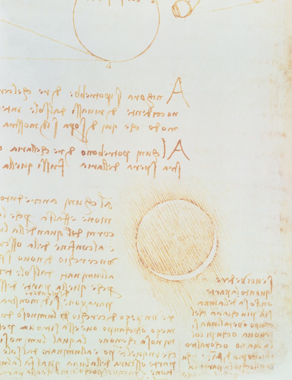 Détail de fol. 2r, du Codex Leicester, montrant la luminosité extérieure de la lune - Leonardo da Vinci