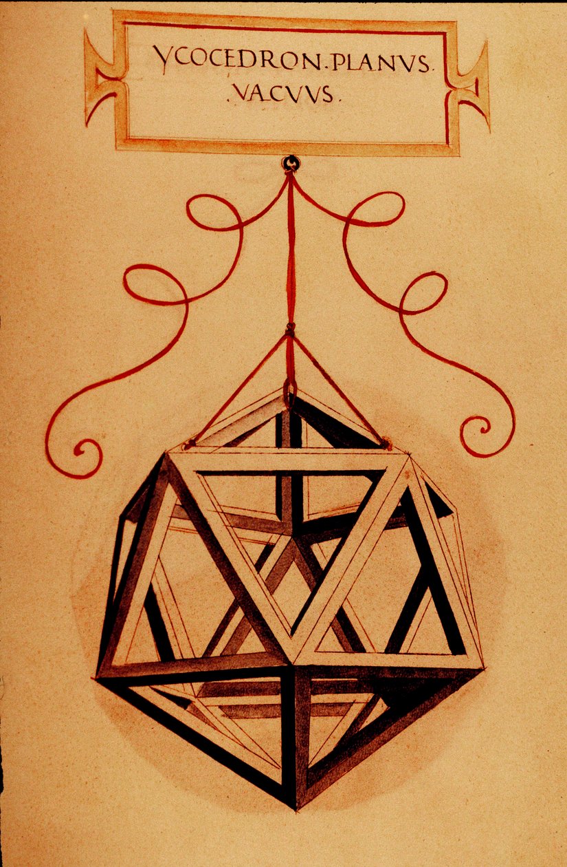 Géométrie : Un icosaèdre. Page tirée du manuscrit « De divina proportione » (Sur les proportions divines) par le mathématicien Fra Luca Pacioli dit Luca di Borgo (1445-1517) illustré par Léonard de Vinci (1452-1519). 1509. - Leonardo da Vinci