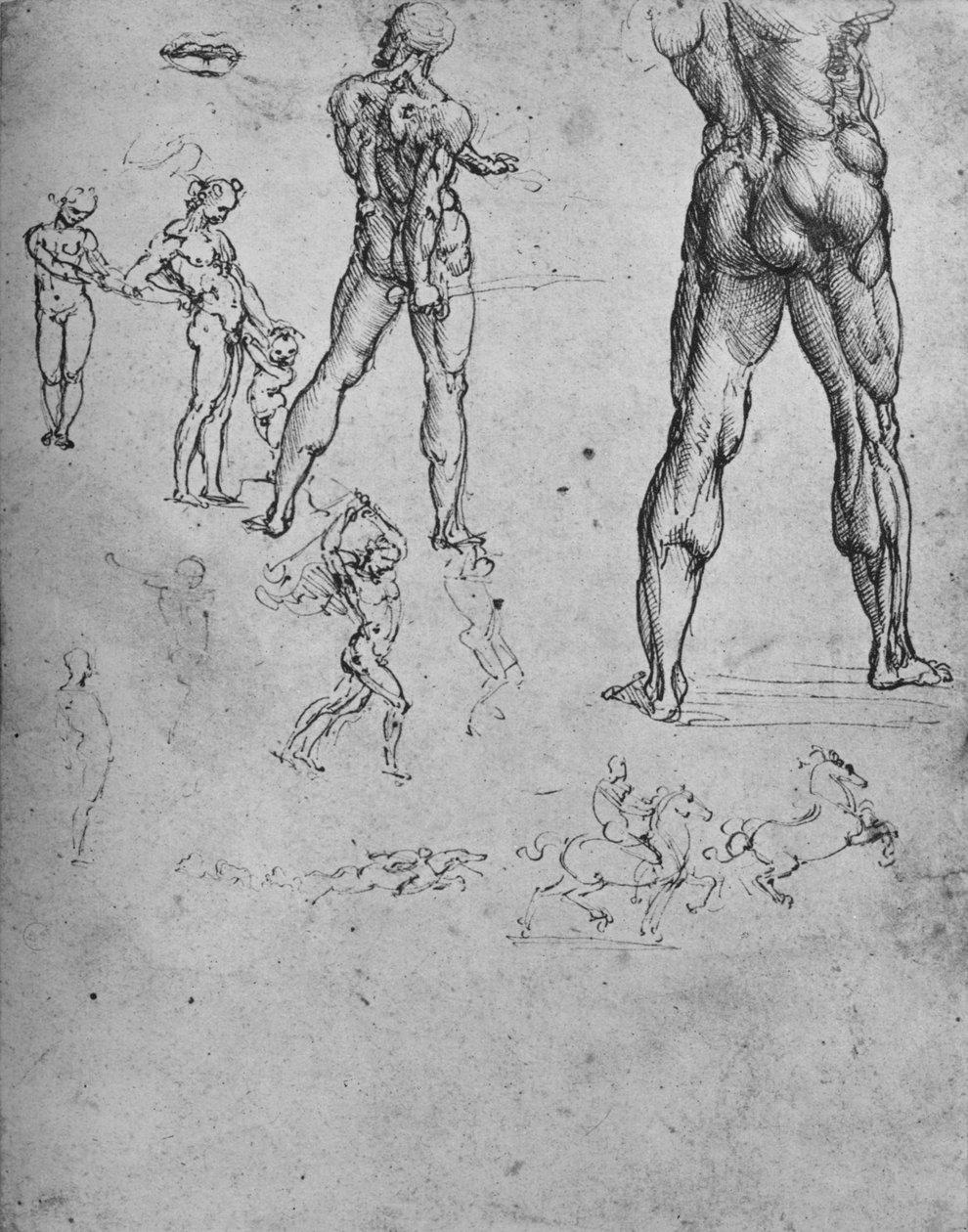 Études de soldat nu avec épée et croquis plus petits, vers 1480 1945 - Leonardo da Vinci