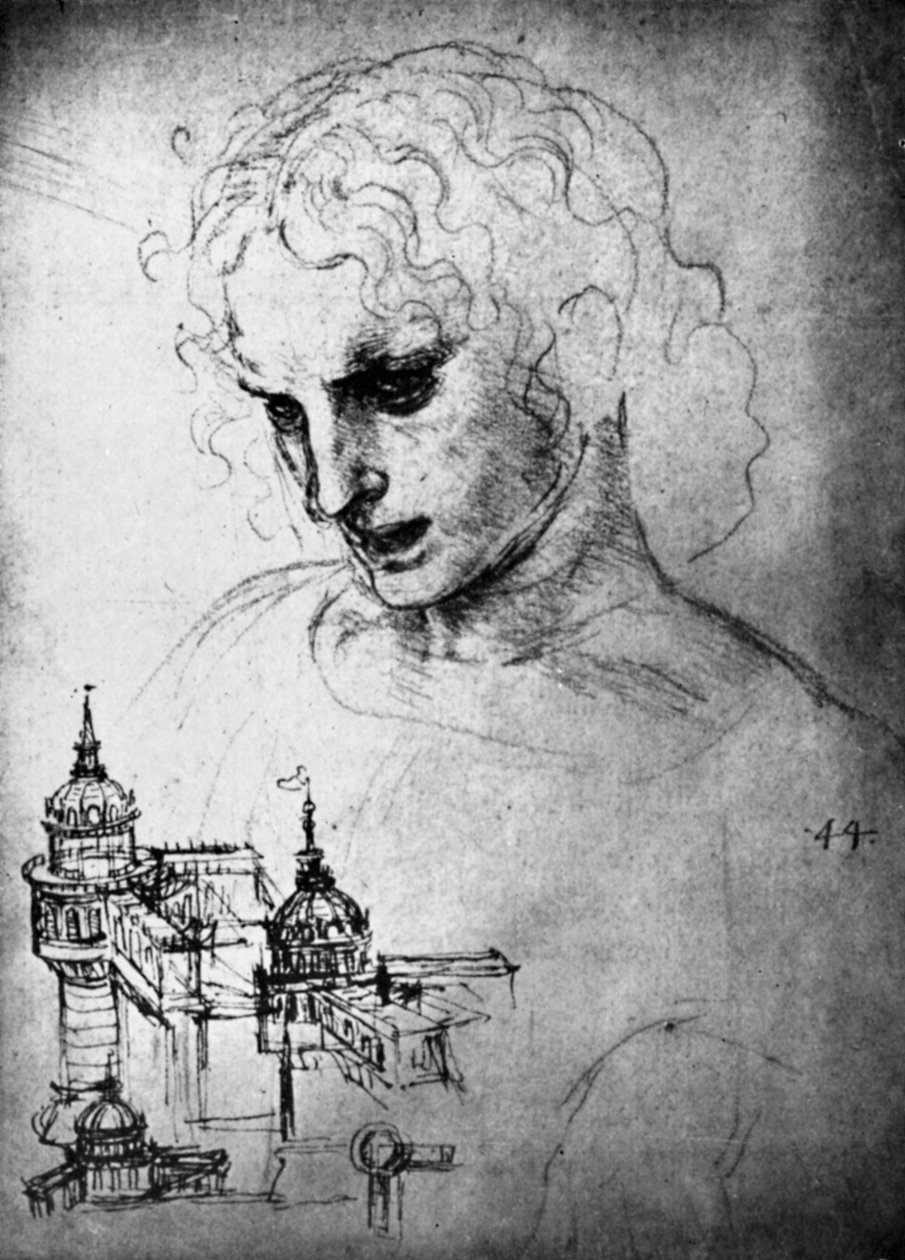 Étude pour la tête de Saint Jacques et un dessin architectural, 15e siècle 1930 - Leonardo da Vinci