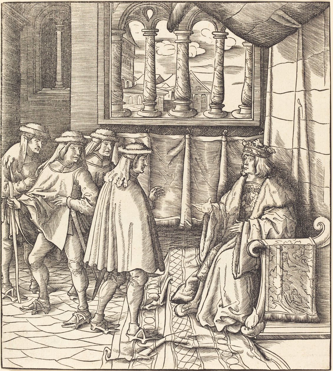 Un roi sur un trône, devant lui quatre hommes - Leonhard Beck