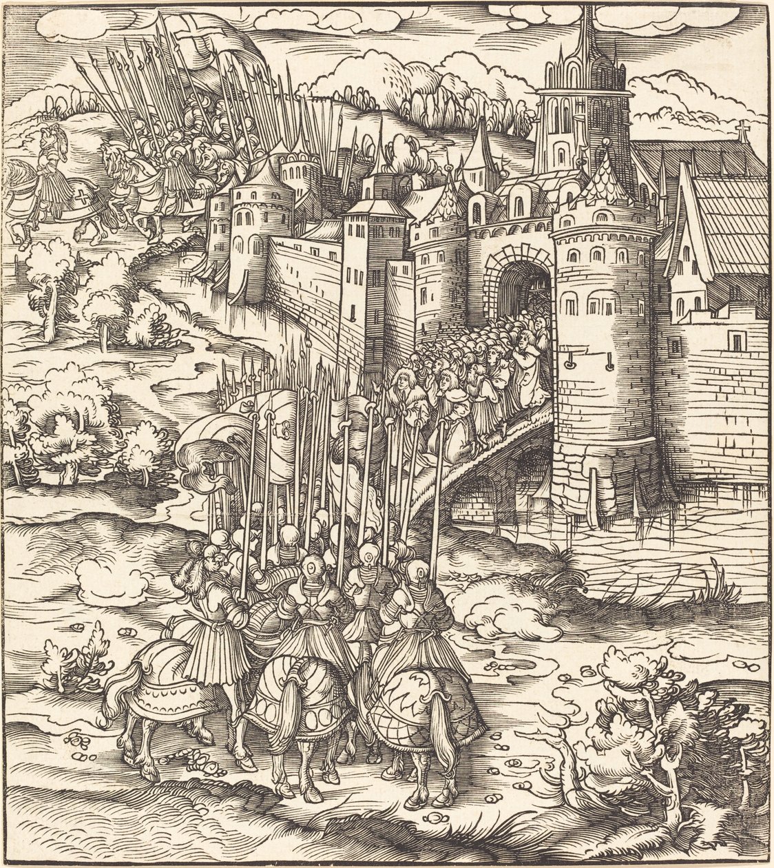 Divers hommes agenouillés sur un pont devant une ville - Leonhard Beck