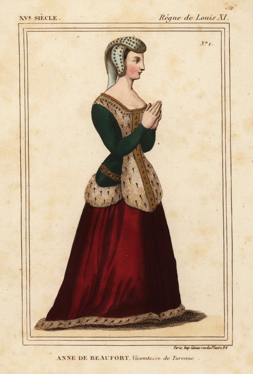Anne Rogier de Beaufort, Vicomtesse de Turenne 1435-1479. Lithographie coloriée à la main d