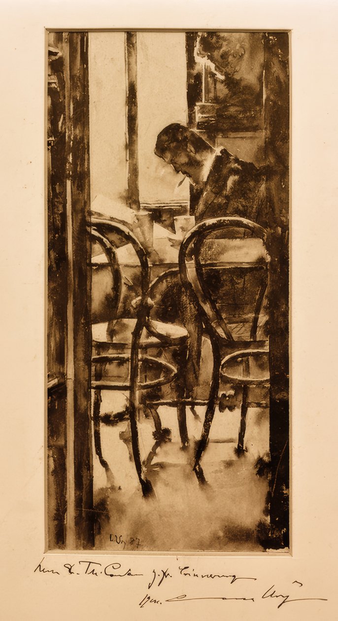 Café Gelber à Hambourg (Homme lisant un journal au café) - Lesser Ury