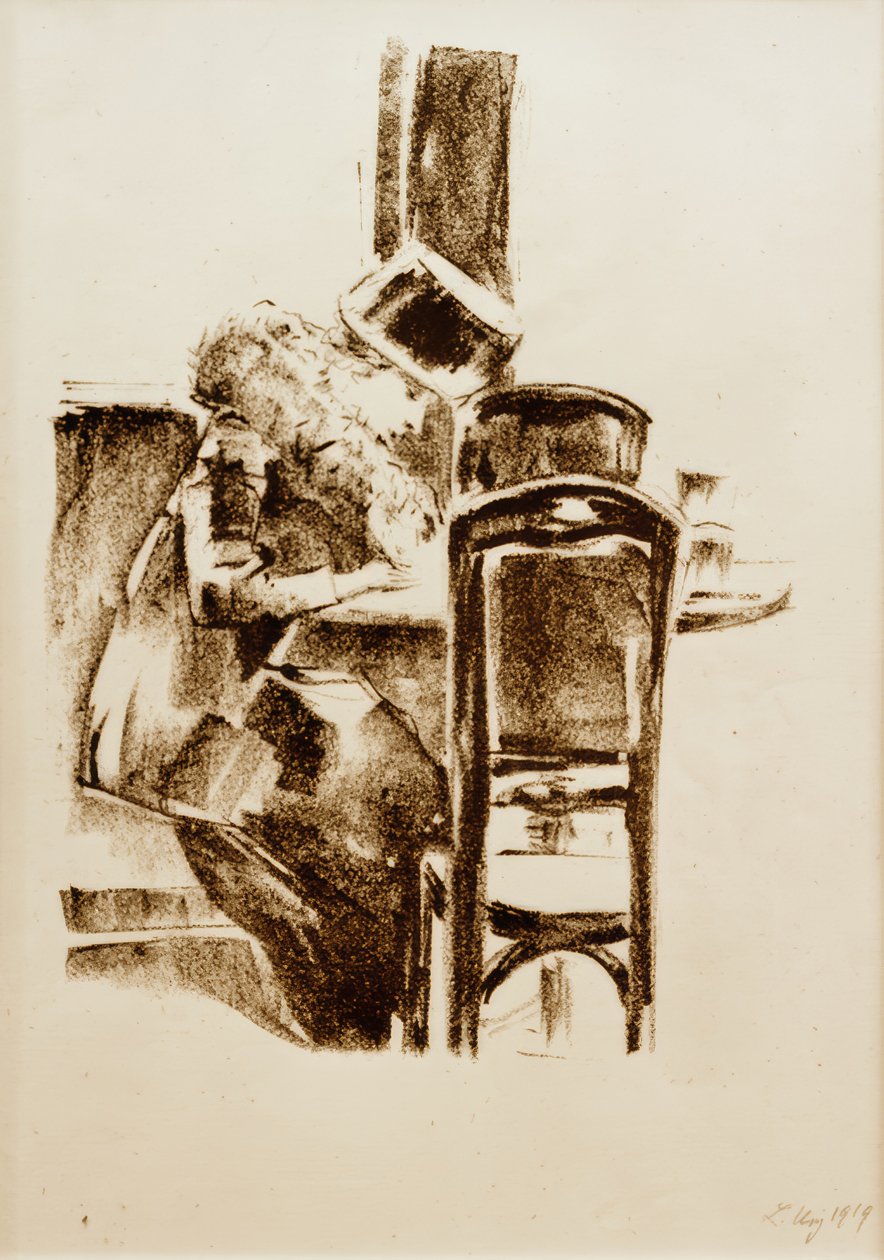 Dame écrivant avec chapeau et boa au café - Lesser Ury