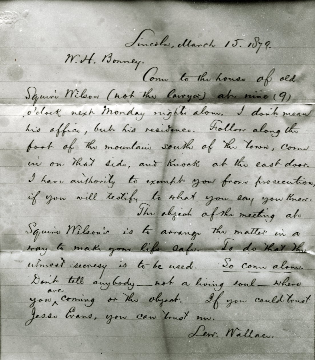 Lettre de Lew Wallace à W. H. Bonney, 15 mars 1879 - Lew Wallace