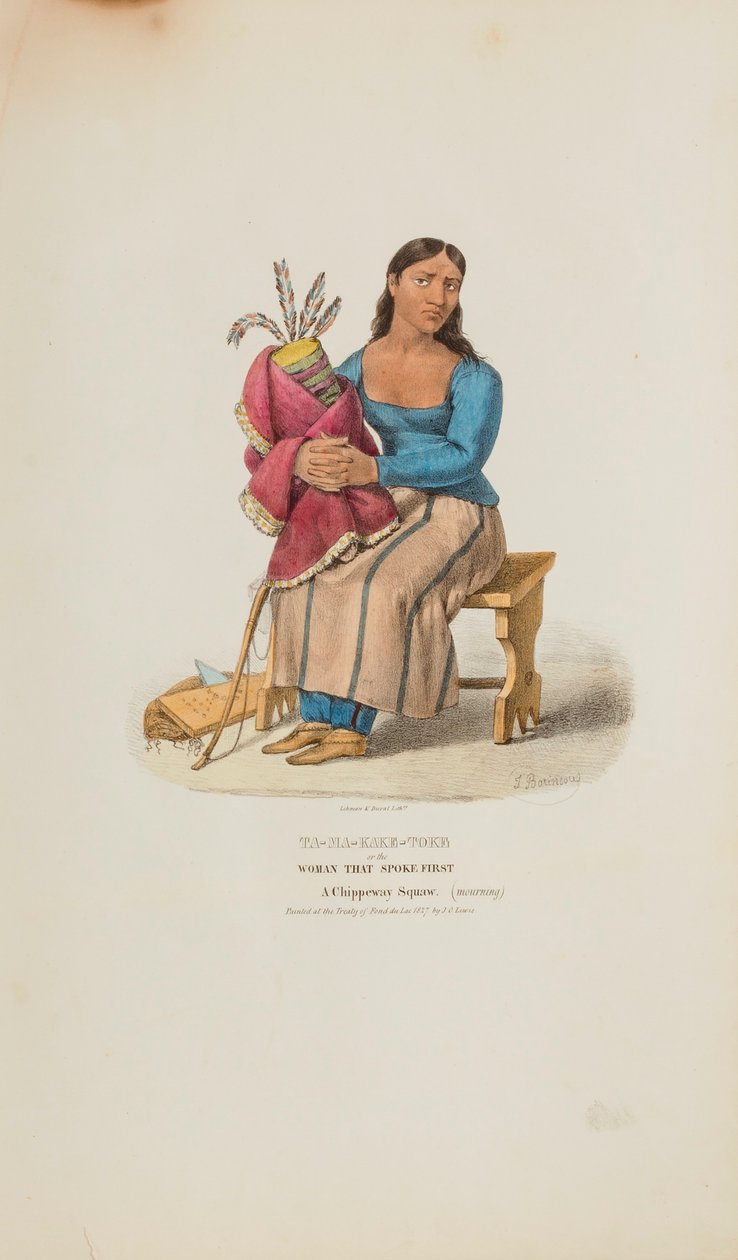 TA-MA-KAKE-TOKE ou la femme qui a parlé la première ; une femme Chippeway (en deuil), tiré du Portfolio autochtone - Lewis, James Otto