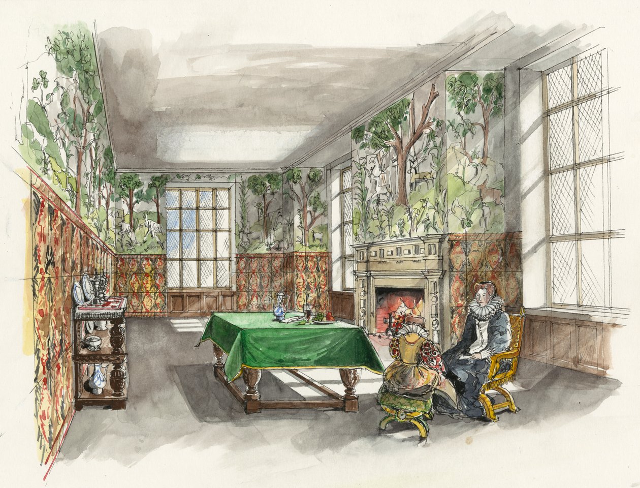 Reconstruction de la grande chambre de la forêt à Hardwick Old Hall en 1601 (aquarelle sur papier) - Liam Wales