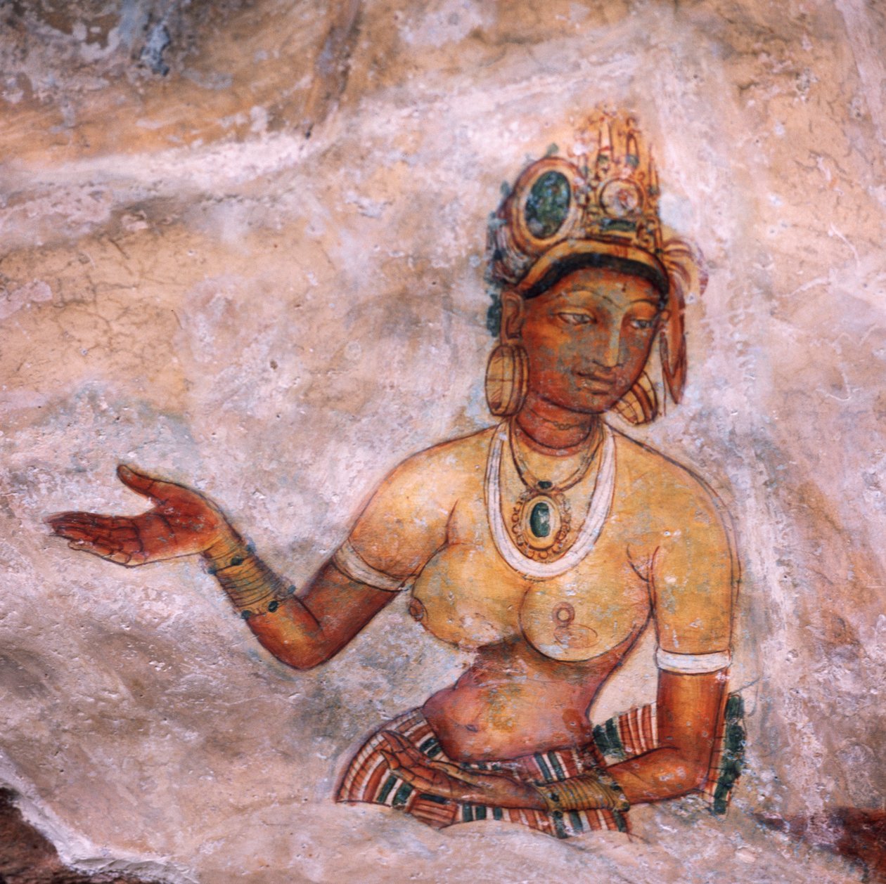 Apsaras, nymphe céleste faisant une offrande, fresque, citadelle fortifiée de Sigiriya (Liste du patrimoine mondial de l