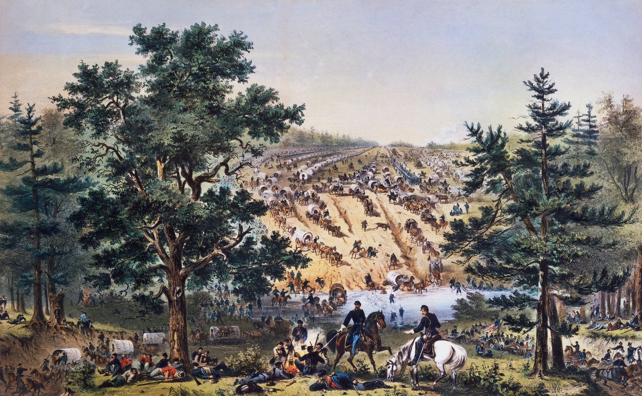 Retraite de George Brinton McClellan, gué de Bear Creek, Armée du Potomac, juillet 1862, dessin de John Badger Bachelder, gravure de Bufford, guerre de Sécession, USA - Unbekannt Unbekannt