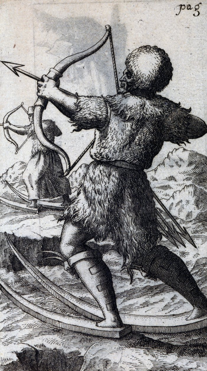 Chasseur avec arc et flèches sur des skis courts, illustration de De Calceo Antiquo, par B Balduinus - Unbekannt Unbekannt