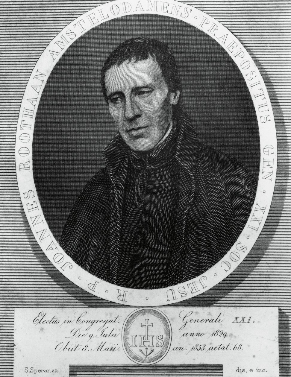 Portrait de Jan Philipp Roothaan (1785-1853), jésuite néerlandais et 21e Supérieur général de la Compagnie de Jésus, dessin et gravure de Serafino Speranza (1862-1911) d