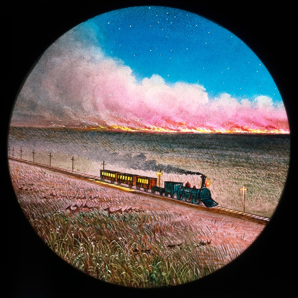 Prairie en feu avec train, lanterne magique colorée à la main - Unbekannt Unbekannt
