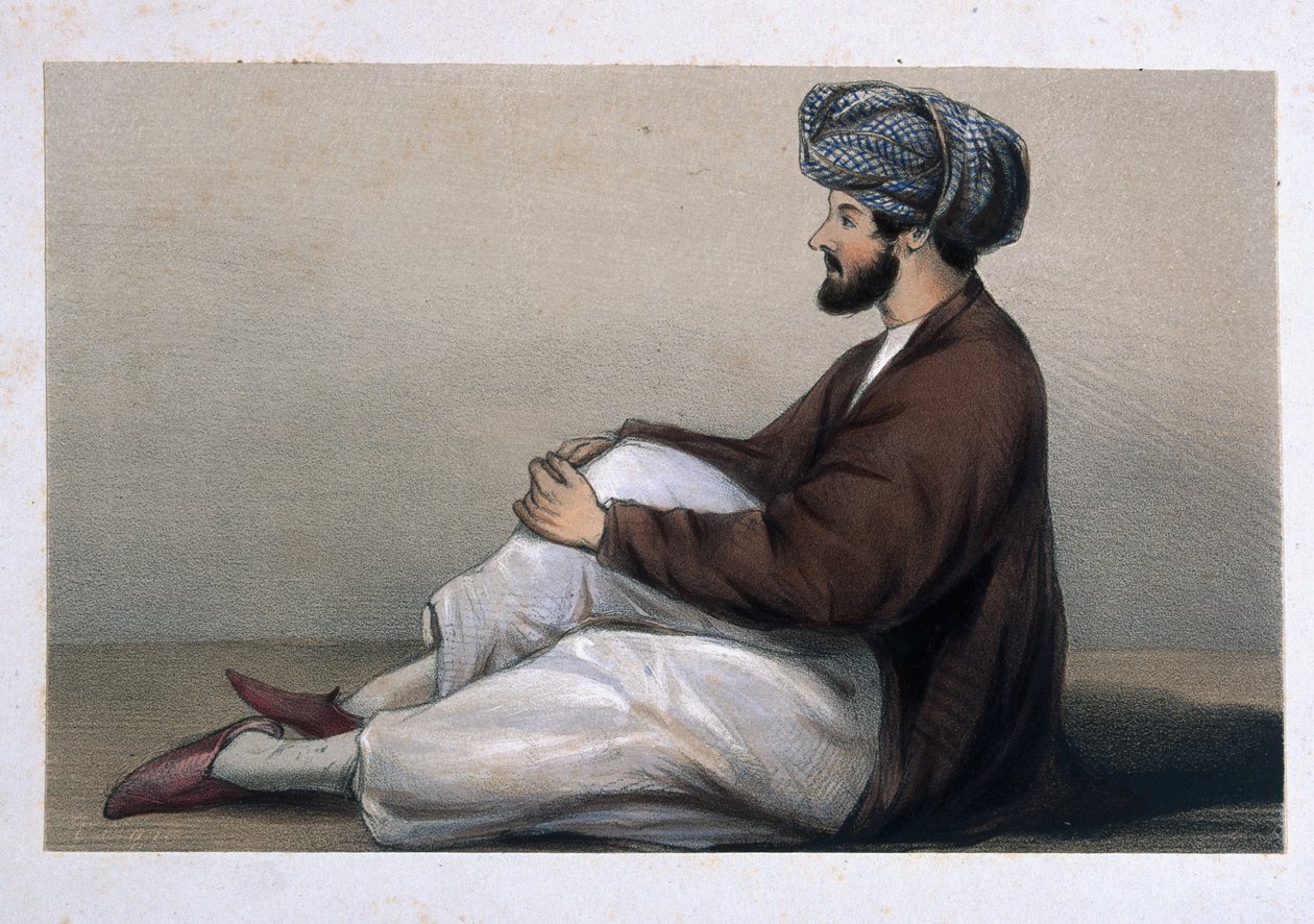 Major Chas Griffiths, 37e Infanterie indigène, assis en tenue afghane, 1842 - Lieutenant Vincent Eyre