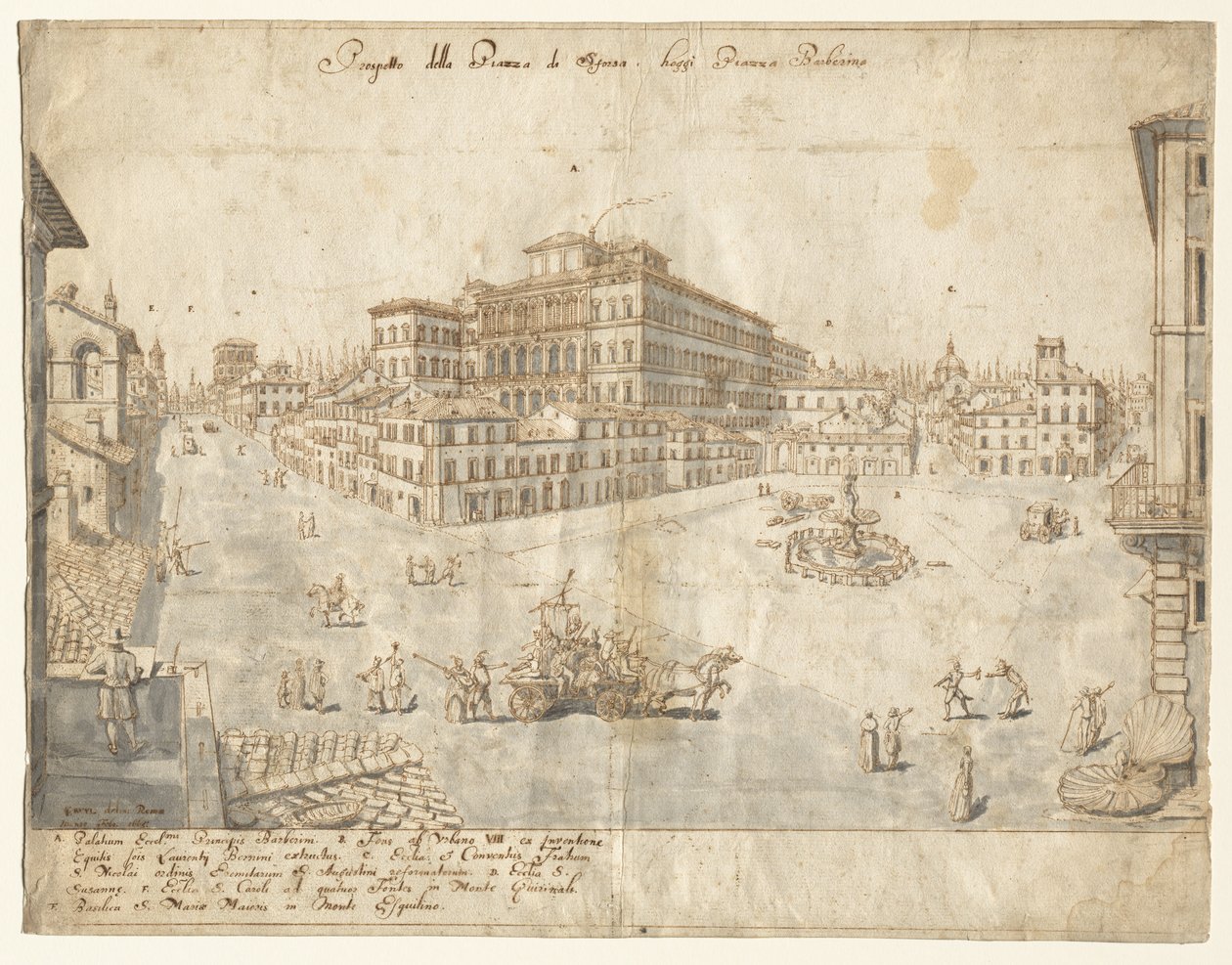 Dix-huit vues de Rome : La Piazza Barberini (recto) - Lievin Cruyl