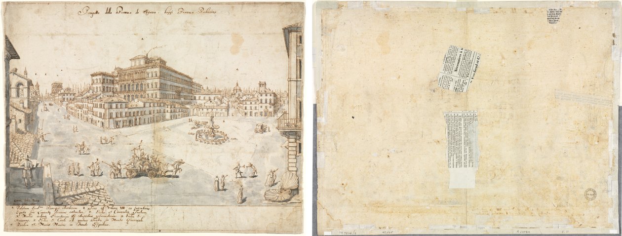 Dix-huit vues de Rome : La Piazza Barberini (recto) ; Tracé d