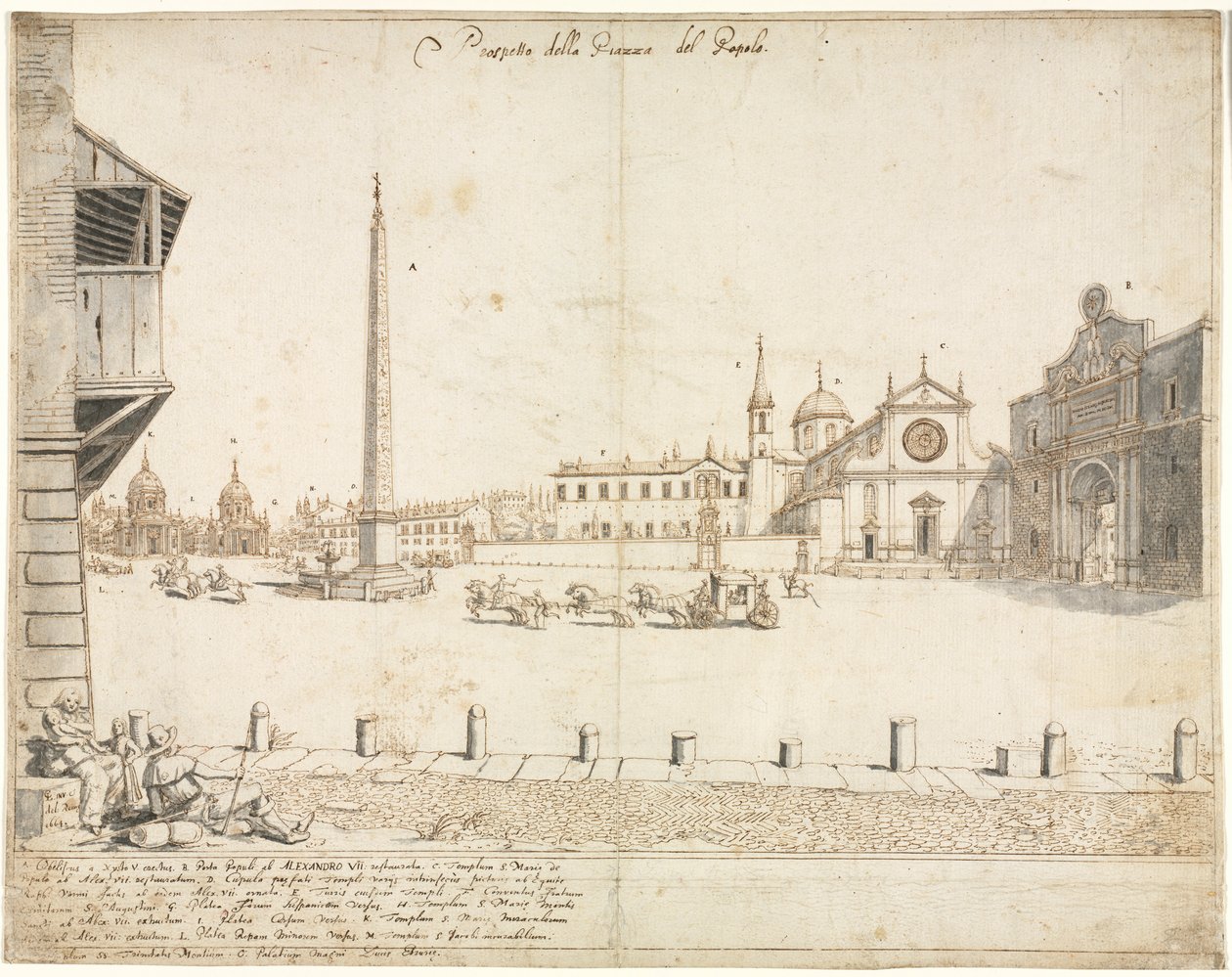 Dix-huit vues de Rome: La Piazza del Popolo recto - Lievin Cruyl