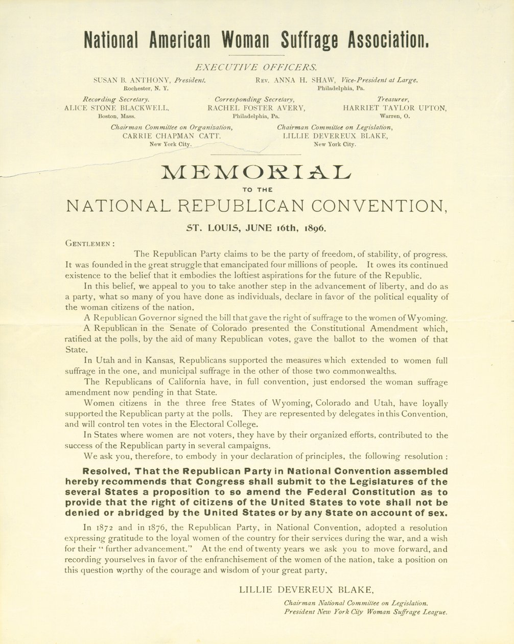 Mémorial à la Convention nationale républicaine - Lillie Devereux Blake