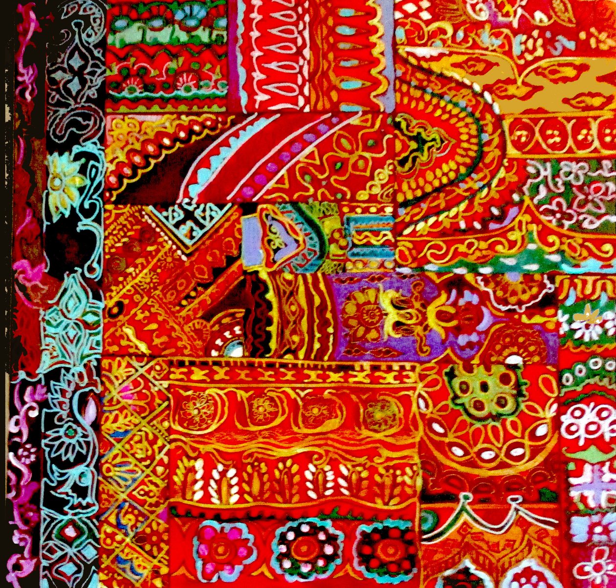 Broderie indienne, 2017 (toile colorée,détaillée,ethnique,sree,florale, Inde) - linda arthurs