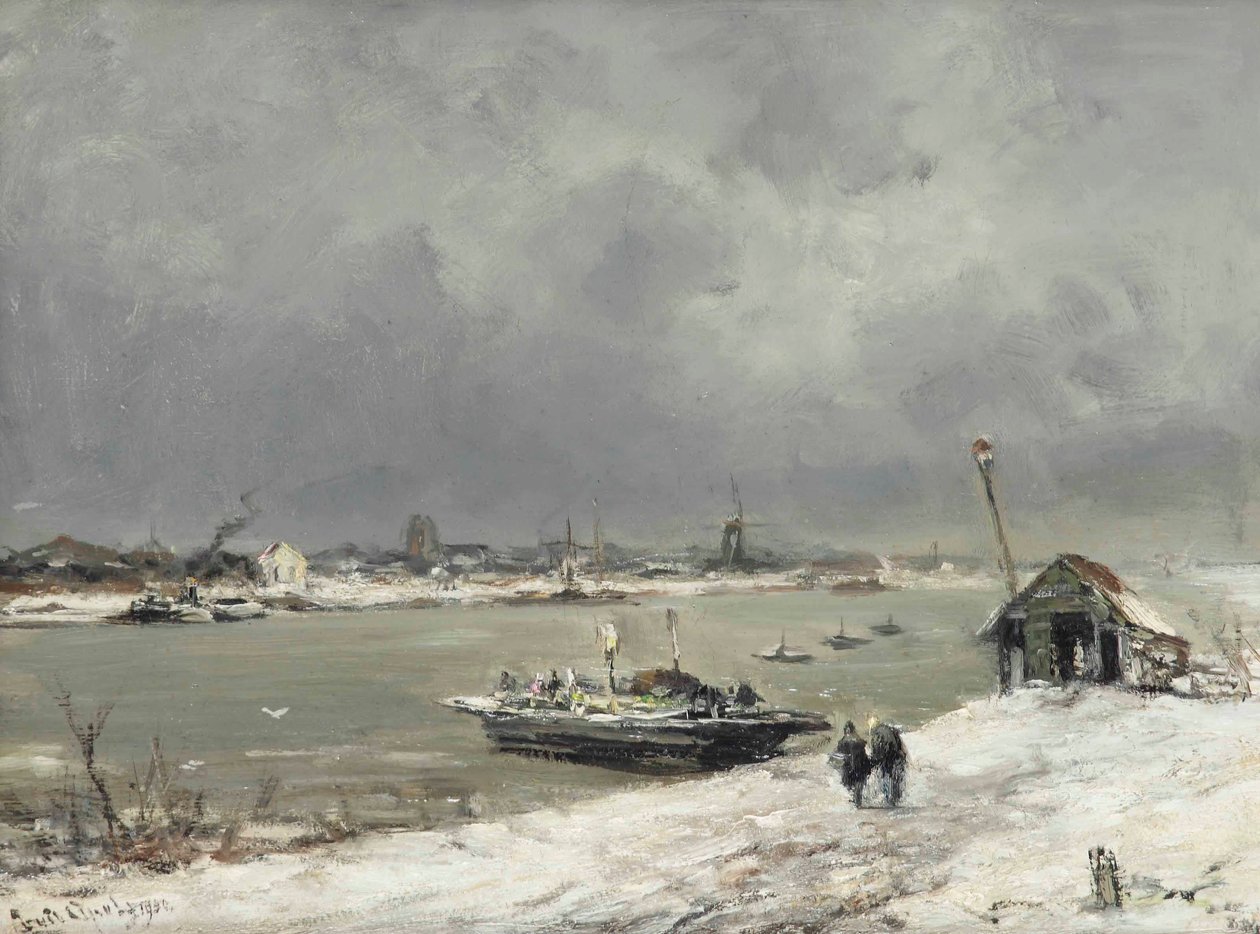 Une traversée en ferry près de Wijk bij Duurstede en hiver - Lodewijk Frederik Hendrik Apol