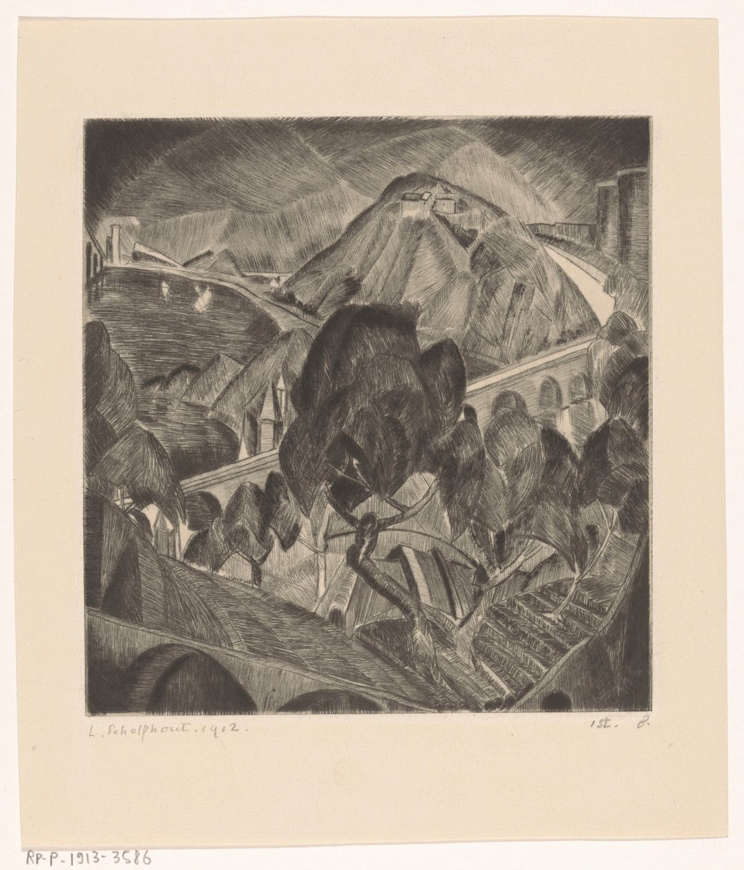 Paysage de montagne avec aqueduc - Lodewijk Schelfhout (signed by artist)