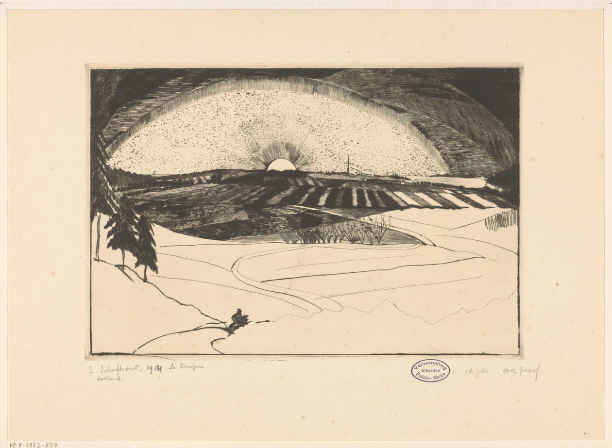 Lever ou coucher de soleil sur un paysage vallonné - Lodewijk Schelfhout (signed by artist)