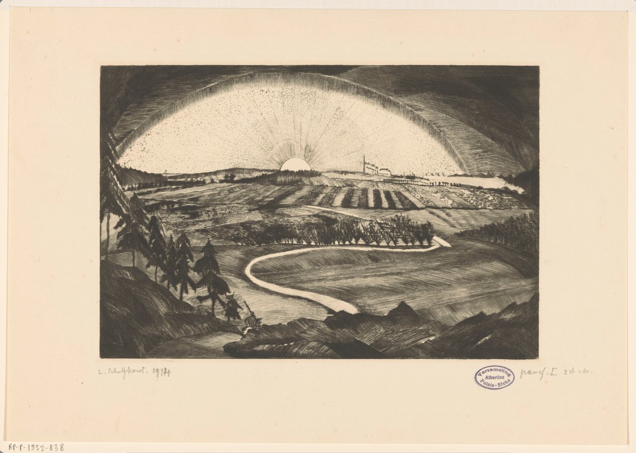 Lever ou coucher de soleil sur un paysage vallonné (La Bruyère) - Lodewijk Schelfhout (signed by artist)