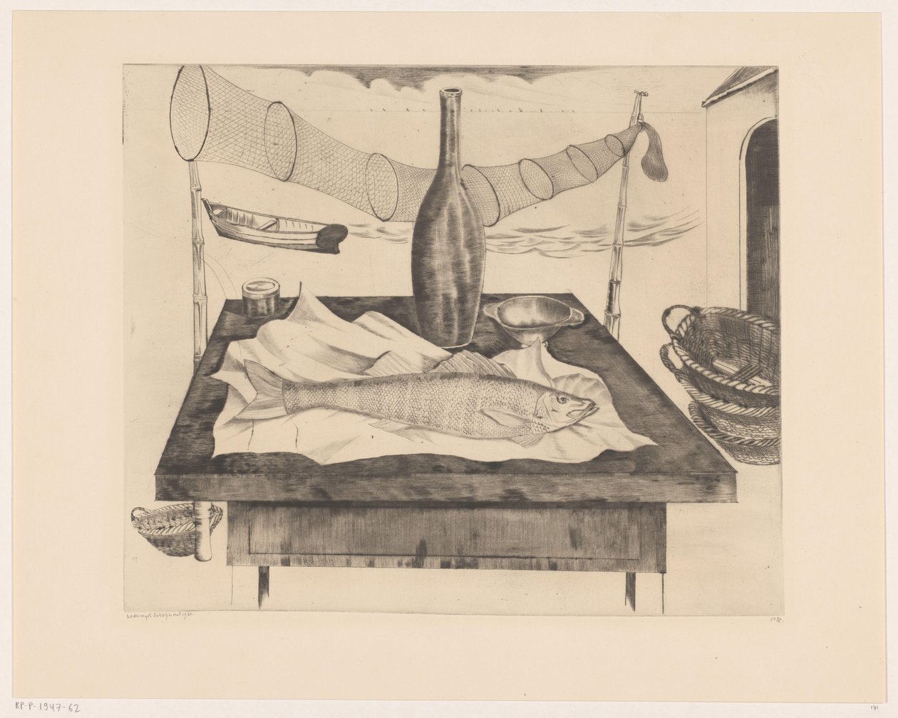 Nature morte avec poisson, bouteille et filet de pêche - Lodewijk Schelfhout (signed by artist)