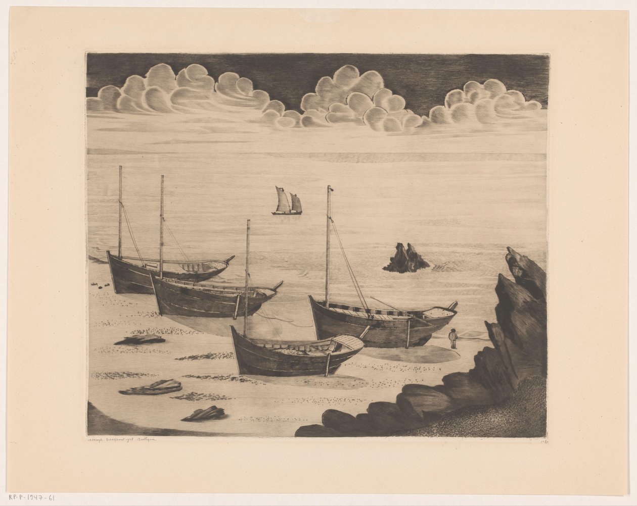 Quatre navires amarrés sur une plage bretonne - Lodewijk Schelfhout (signed by artist)