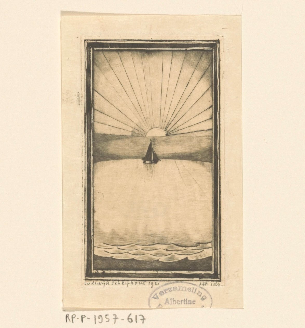 Voilier en mer au lever ou coucher du soleil - Lodewijk Schelfhout (signed by artist)