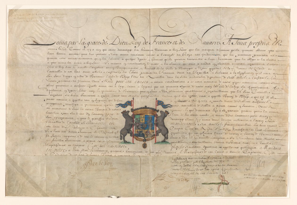 Diplôme élevant Cornelis Lampsins au rang de baron de Tobago et chevalier de l